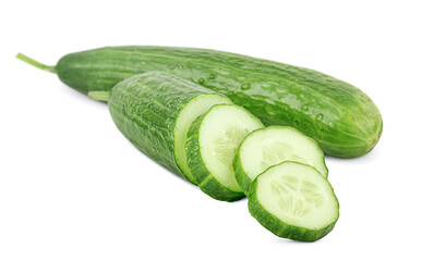 one whole cucumber and one sliced on white isolated background