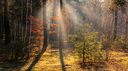 Sunny morning in the forest. The sun's rays illuminate the trees beautifully.