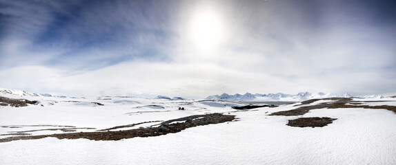 Panarama of the pristine mountains and fjords of Camp Mansfield, Svalbard