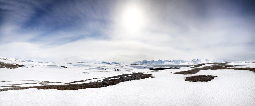 Panarama of the pristine mountains and fjords of Camp Mansfield, Svalbard - Powered by Adobe