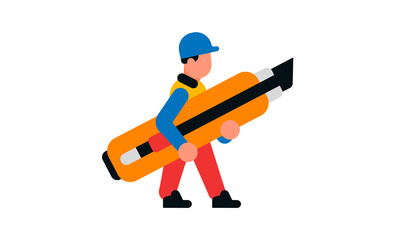 Male builder walking with a cutter. Worker and stationery tool. Vector illustration isolated on white background