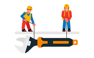 Workers lowering a large wrench. Builders and wrenches, tools, repairs, maintenance. Isolated vector illustration on white background