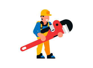 Worker holding a large gas wrench. Man builder and gas wrench, smile, happy, tool, repair, plumber. Vector illustration isolated on white background