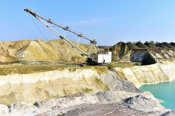 Largest Walking Dragline Excavator in the chalk quarry. Big Muskie in open pit mining. Mining Dragline. Heavy mining industry and equipment for working in open cast mine