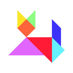 Color tangram puzzle in cat shape on white background