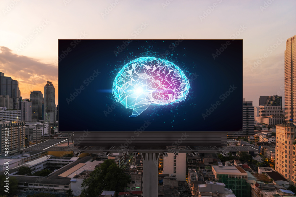 Poster brain hologram on billboard with bangkok cityscape background at sunset. street advertising poster. 
