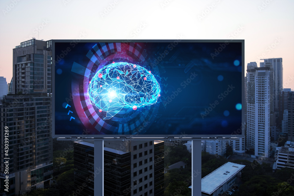 Poster brain hologram on billboard with bangkok cityscape background at sunset. street advertising poster. 