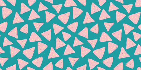 Pink nachos, tortilla fried chips seamless pattern on blue background. Mexican food vector design