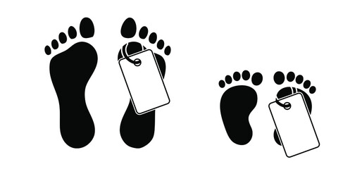 Feet with death tag. Human footprint. Death label. Body or baby in morgue. Flat vector footstep sign. Foot print with label. Legs are marked in mortuary or dead room.. - obrazy, fototapety, plakaty