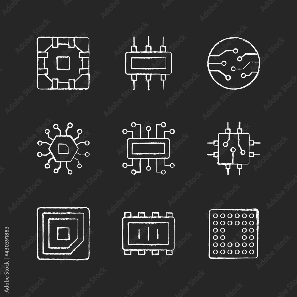 Poster microcircuits chalk white icons set on black background. computer device circuit boards design creat