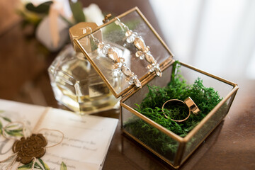 Close up of transparent green box for wedding rings