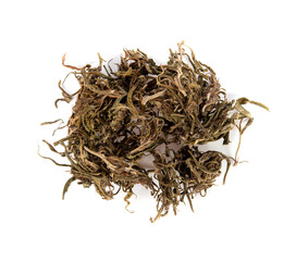 dried green marijuana on white background.