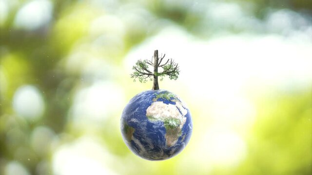 Planet Earth globe ball and growing tree  on green sunny blur background. Saving environment, save clean planet, ecosystem concept. 3D Rendering.