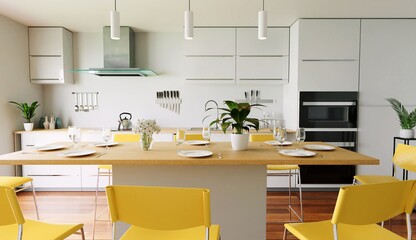 white kitchen concept with yellow chairs and big table
