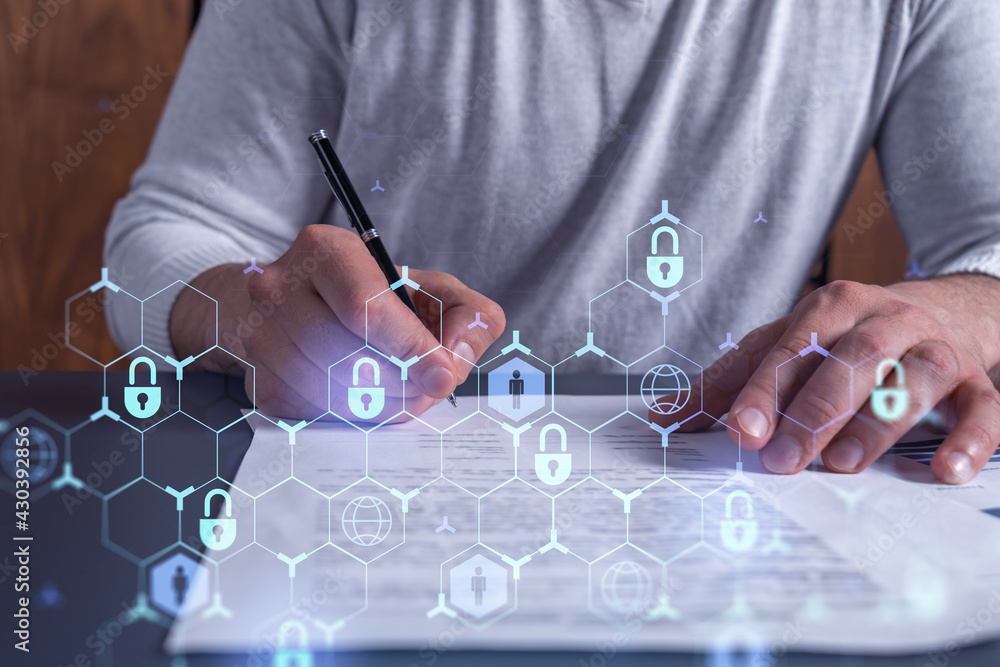 Poster a businessman in casual wear signing the contract to prevent probability of risks in cyber security.