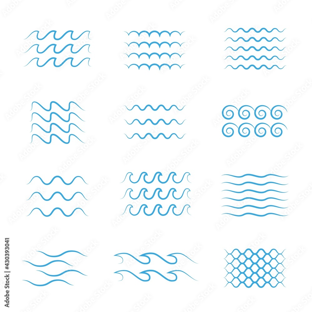 Wall mural blue wave icon set. river, sea or water logo template. wavy lines collection