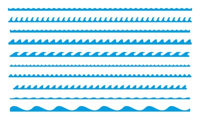 Blue wavy sea border collection. Water wave, ocean line