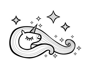 Cute cartoon unicorn - coloring page for kids. Vector isolated on white.