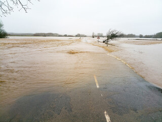 Road cut rain and floods in river flood with muddy water and some fallen tree 