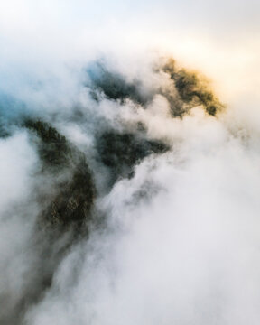 Aerial view of mystical clouds in Caldera de Taburiente national park, La Palma island, Canary Islands, Spain.