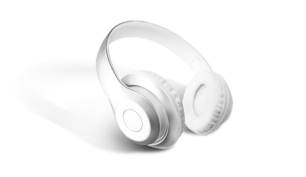 Silver metallic white wireless headphones isolated on white background. Music device banner with copy space