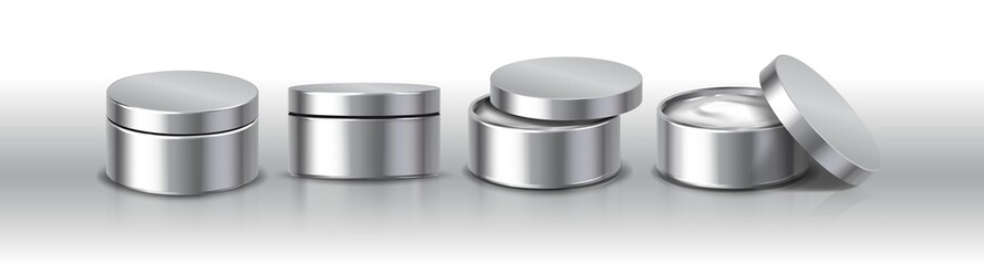3d realistic vector silver cosmetic cream jars in front view with open and closed cap.