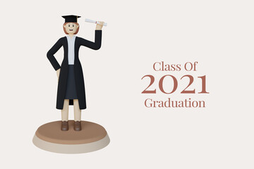 Class of 2021 graduation with 3D female character.3D rendering