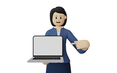 3d illustration business female character pointing up laptop. isolated on white background .