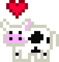 Cute pixel cow with a heart over its head (vector, isolated)