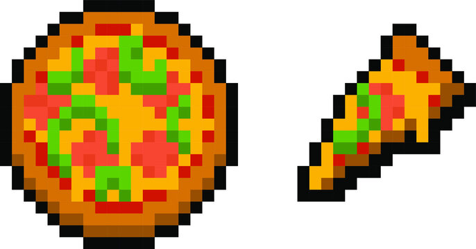 Pixel pizza and slice (vector, isolated)