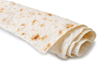 Lavash - tasty hearty healthy Armenian and Turkish unleavened flat bread. Rolled up thin pita bread isolated on white background.
