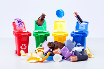 Waste sorting recycling concept.  Toy garbage сontainers for separate waste collection.