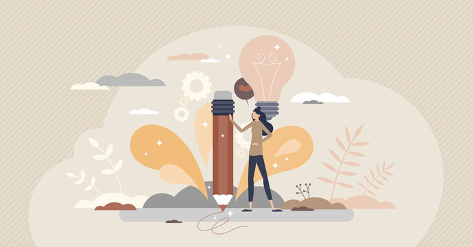 Creativity Writing And New Creative Mind Ideas Thinking Tiny Person Concept. Imagination And Inspiration Work Process With Light Bulb As Smart And Intelligent Element Creation Vector Illustration.