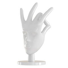 White decorative figurine in the form of a hand with a human face on an isolated background. 3d rendering