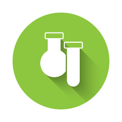 White Test tube and flask chemical laboratory test icon isolated with long shadow. Laboratory glassware sign. Green circle button. Vector