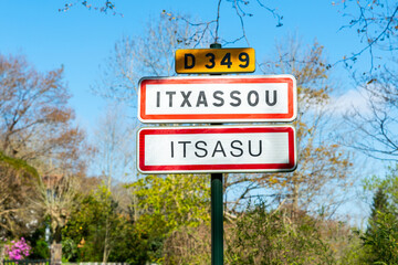 Itxassou village sign in the French Basque Country. Itxassou is speeled Itsasu in Basque.