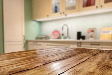 Desk of free space and kitchen interior 