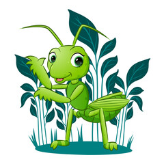 The pretty grasshopper is standing near the plant in the garden