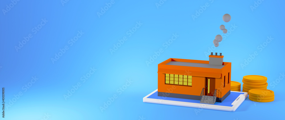 Poster 3d render of production and online sales. business online mobile and e-commerce on web shopping conc