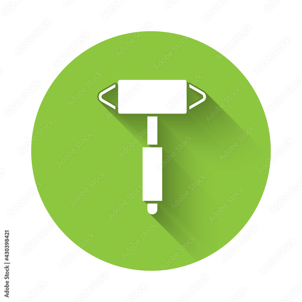 Poster white firefighter axe icon isolated with long shadow. fire axe. green circle button. vector