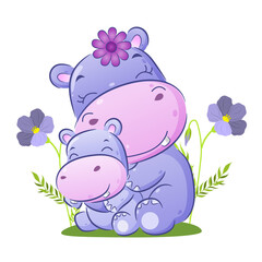 The big hippopotamus is sitting behind her baby in the garden