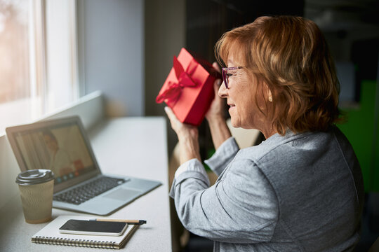 Profile Photo Of Pleased Woman Looking At Laptop
