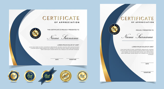 Certificate of appreciation template, gold and blue color. Clean modern certificate with gold badge. Certificate border template with luxury and modern line pattern. Diploma vector template