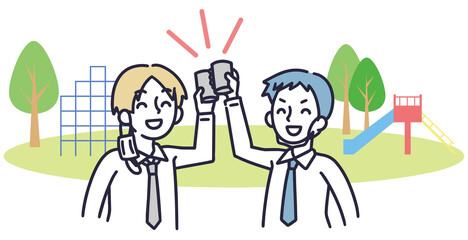 公園で路上飲みをする男性　シンプル　イラスト