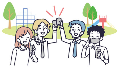 公園で路上飲みをする男女　シンプル　イラスト