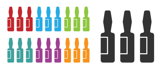 Black Medical vial, ampoule, bottle icon isolated on white background. Vaccination, injection, vaccine healthcare concept. Set icons colorful. Vector