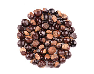 Guarana seed isolated on white background. Dietary supplement guarana, caffeine cource for energy drinks. Paullinia cupana. Top view.