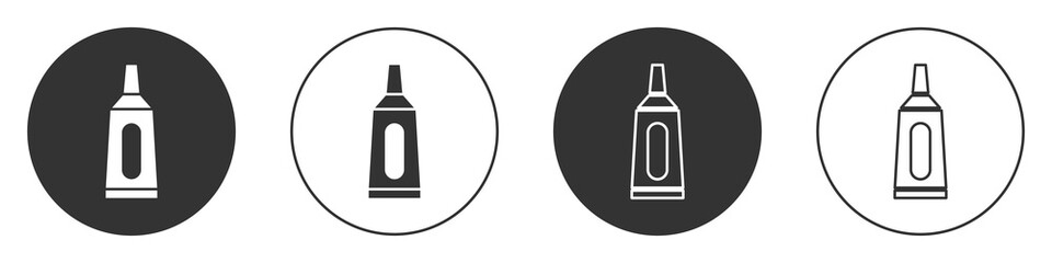 Black Ointment cream tube medicine icon isolated on white background. Tube, container, toothpaste, cream sign. Circle button. Vector