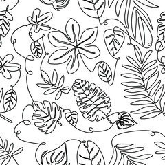 Seamless one line summer pattern. Tropical leaves in one line. Fashionable abstract trend vector illustration