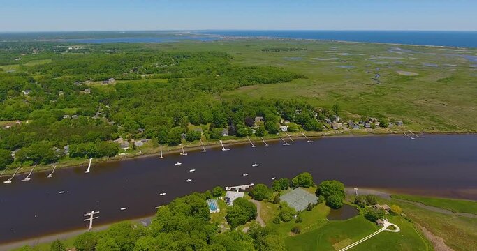 Aerial view of Riverfront Marina on Parker River and summer rural landscape in town of Newbury, Massachusetts MA, USA. 